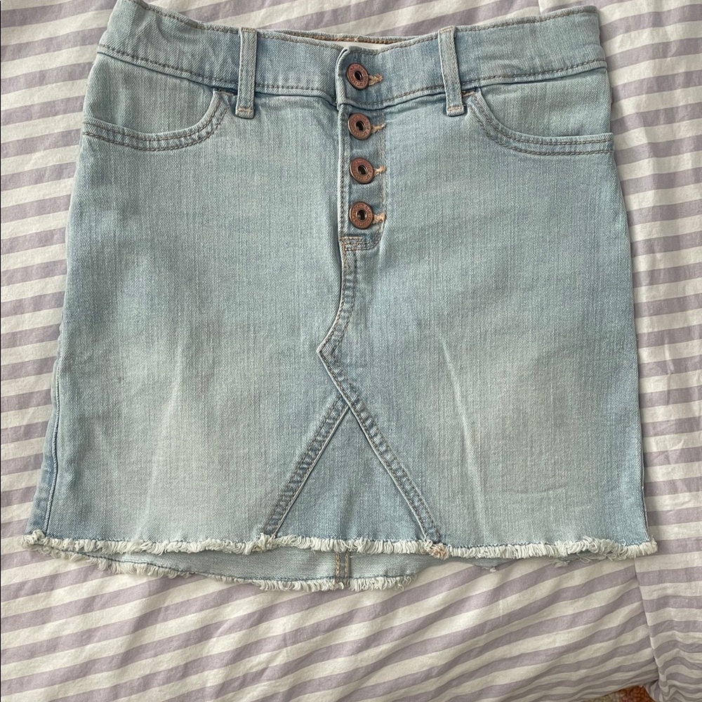 abercrombie kids light blue denim mini skirt with button placket